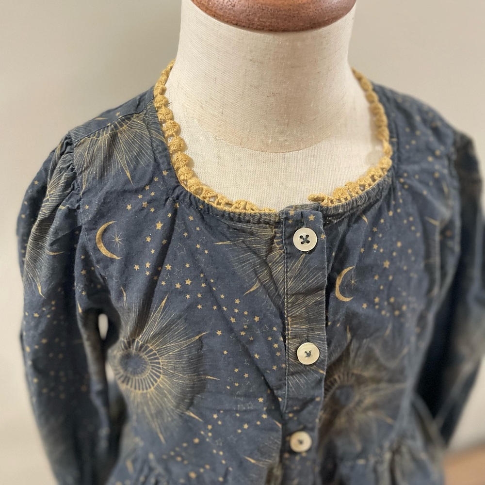 Kate Quinn Blue Button-Up Blouse with Star and Moon Pattern